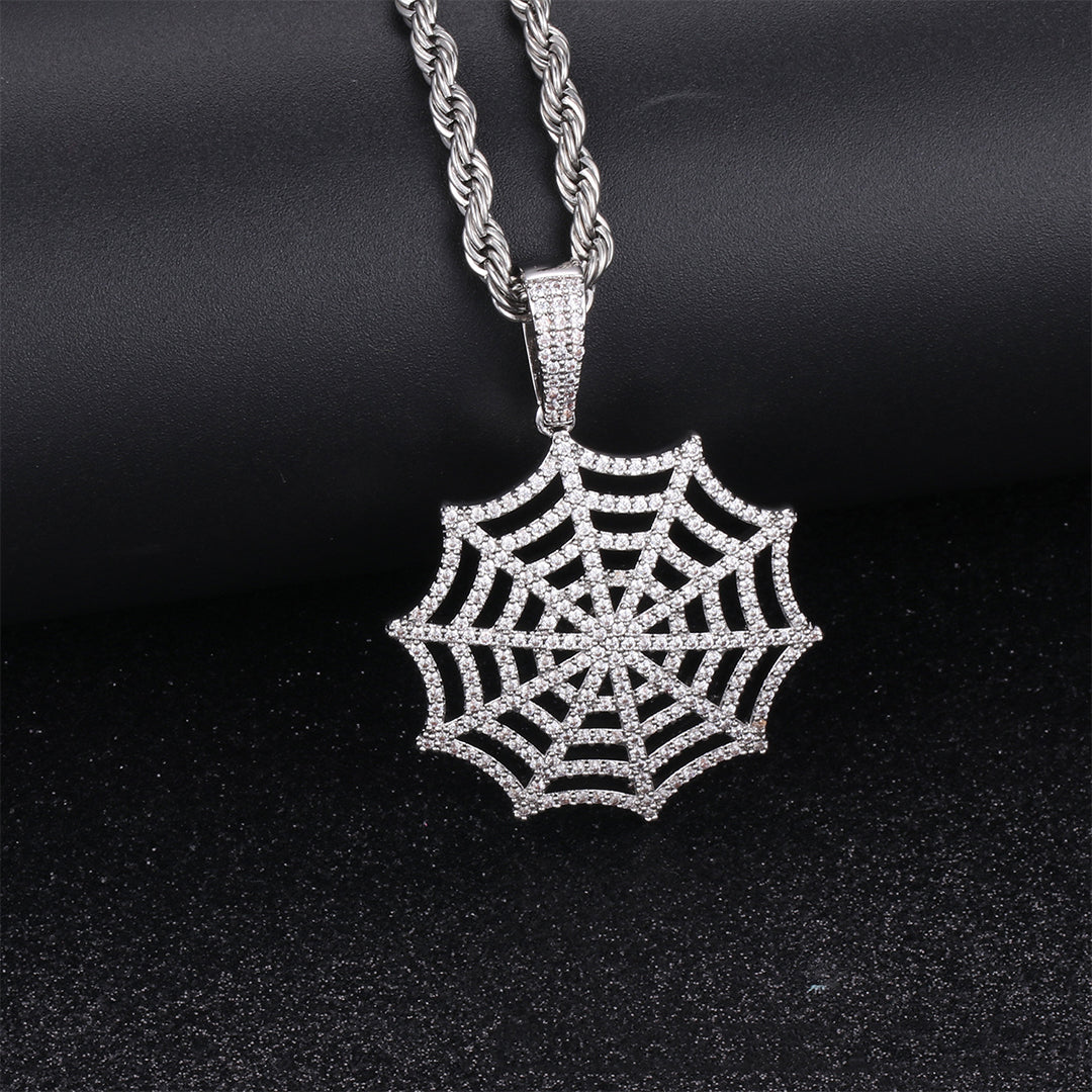 White Gold Plated Iced Out Spider Web Pendant Tripodjewelry