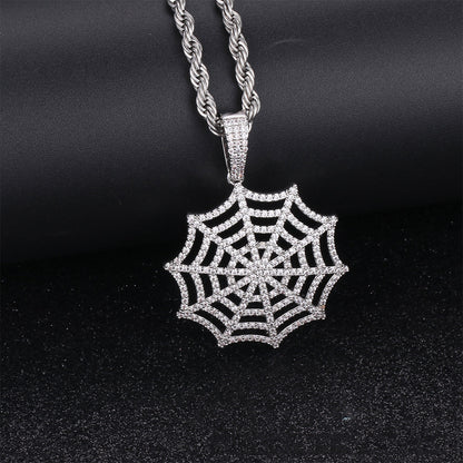 White Gold Plated Iced Out Spider Web Pendant Tripodjewelry