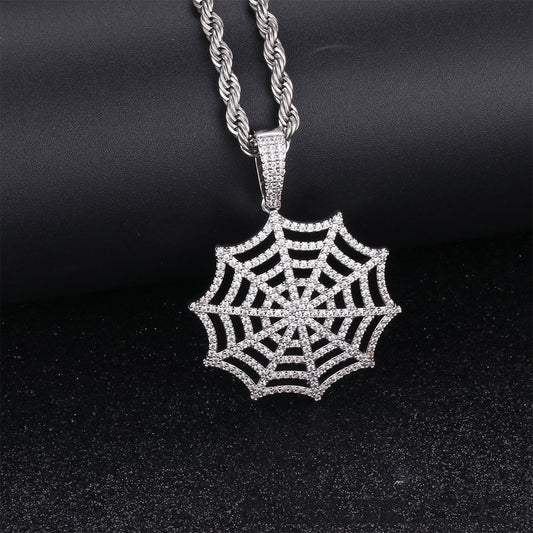 White Gold Plated Iced Out Spider Web Pendant Tripodjewelry