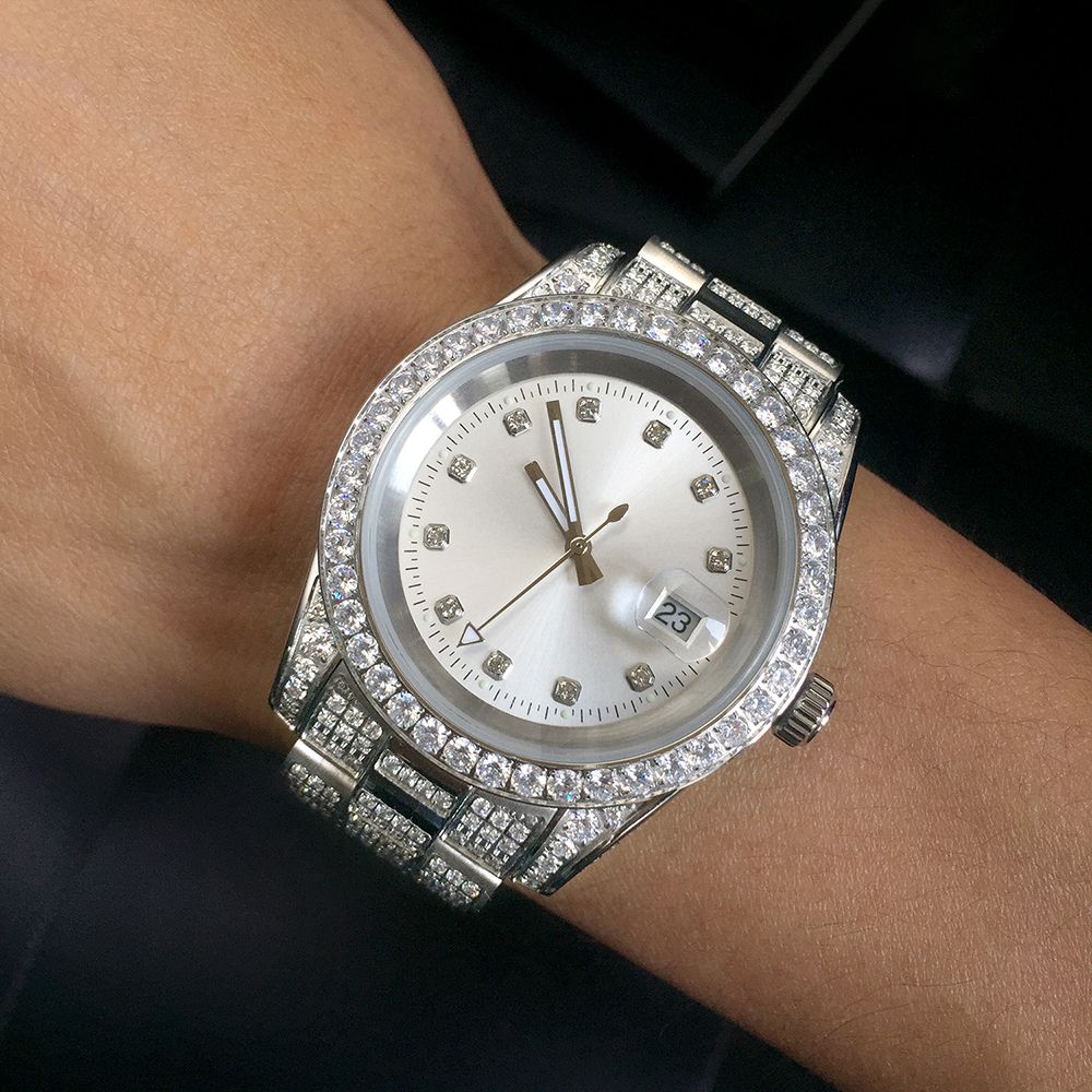 White Gold Plated White Dial Stainless Steel Diamond Watch