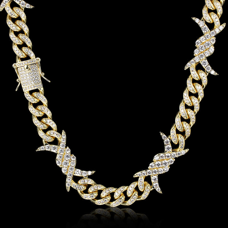 10MM Real 14K Gold Plated Barb Wire Cuban Link Chain Necklace Iced Out