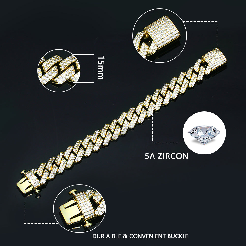 15MM 18K Gold Plated Prong Iced Out Cuban Link Chain Necklace - Tripodjewelry