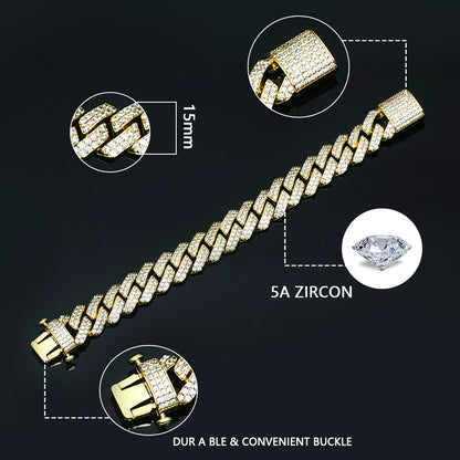 15MM 18K Gold Plated Prong Iced Out Cuban Link Chain Necklace - Tripodjewelry