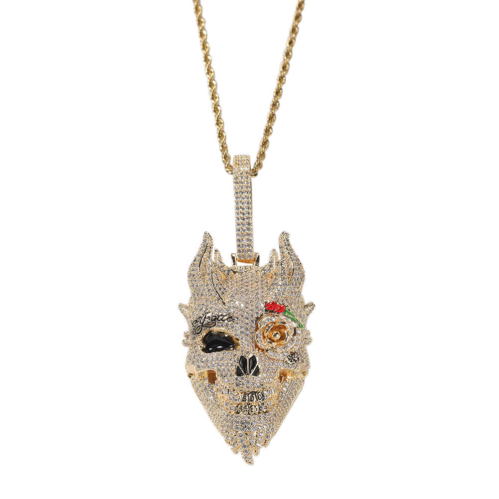 Iced Out Diamond Rose Skull Pendant Tripodjewelry
