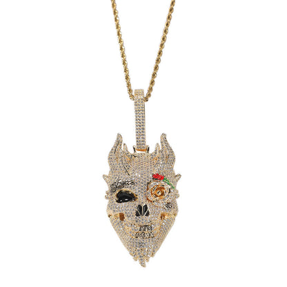 Iced Out Diamond Rose Skull Pendant Tripodjewelry