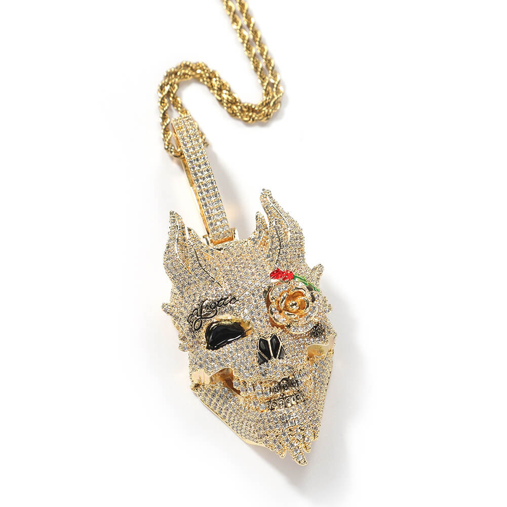 Iced Out Diamond Rose Skull Pendant Tripodjewelry