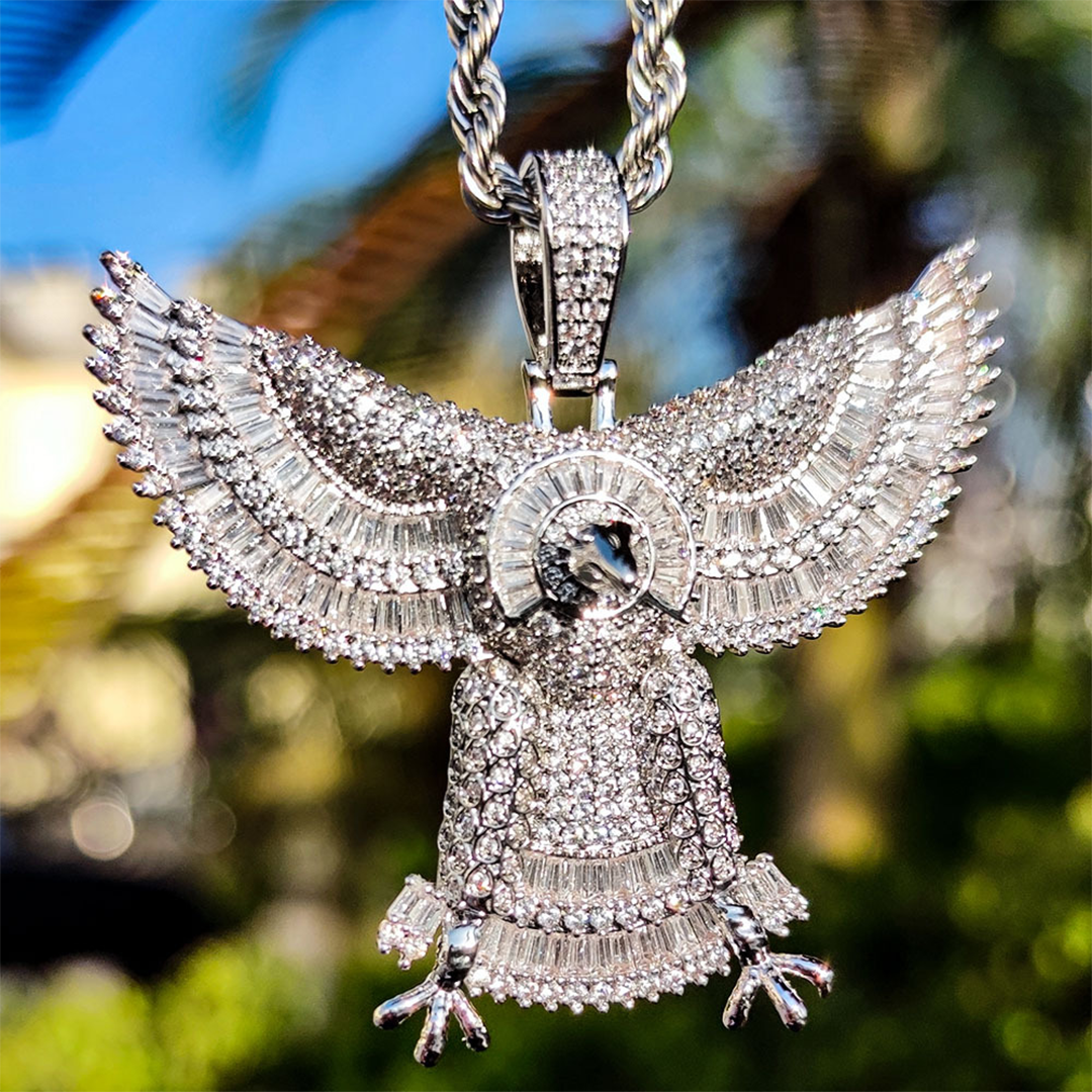 18k/White Gold Iced Out Winged Eagle Pendant Necklace For Men Tripodjewelry