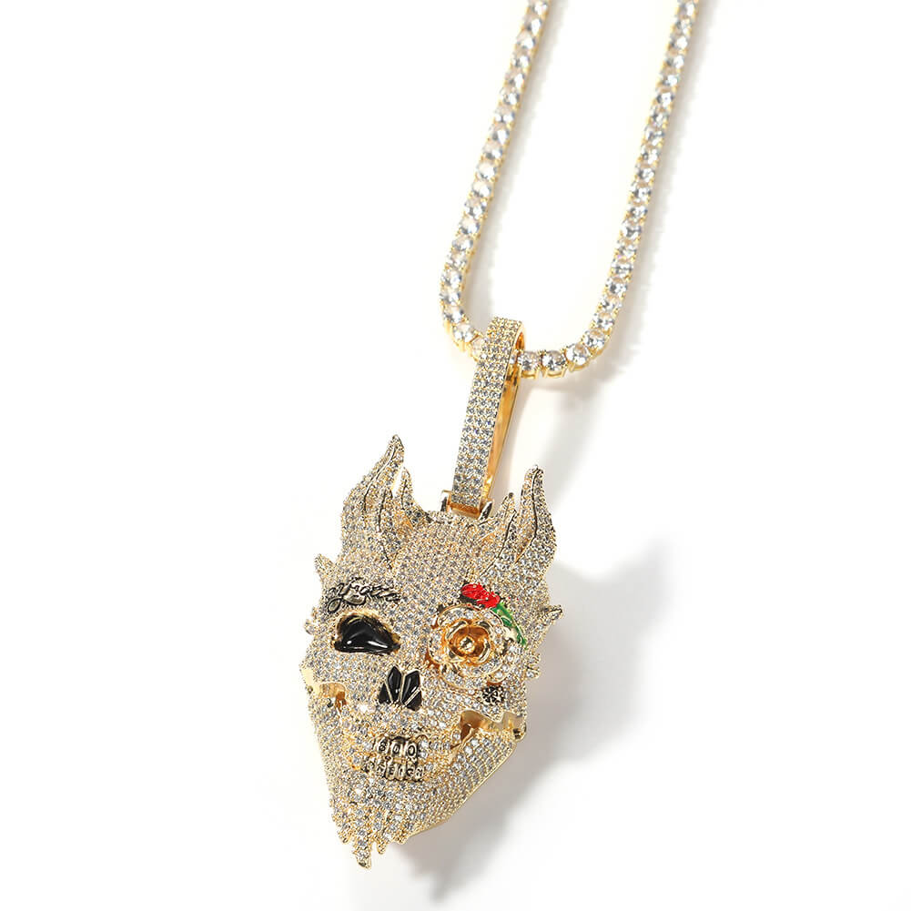 Iced Out Diamond Rose Skull Pendant Tripodjewelry