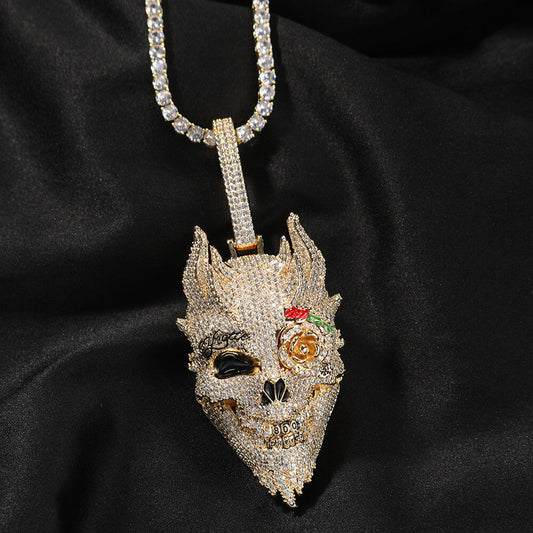 Iced Out Diamond Rose Skull Pendant Tripodjewelry