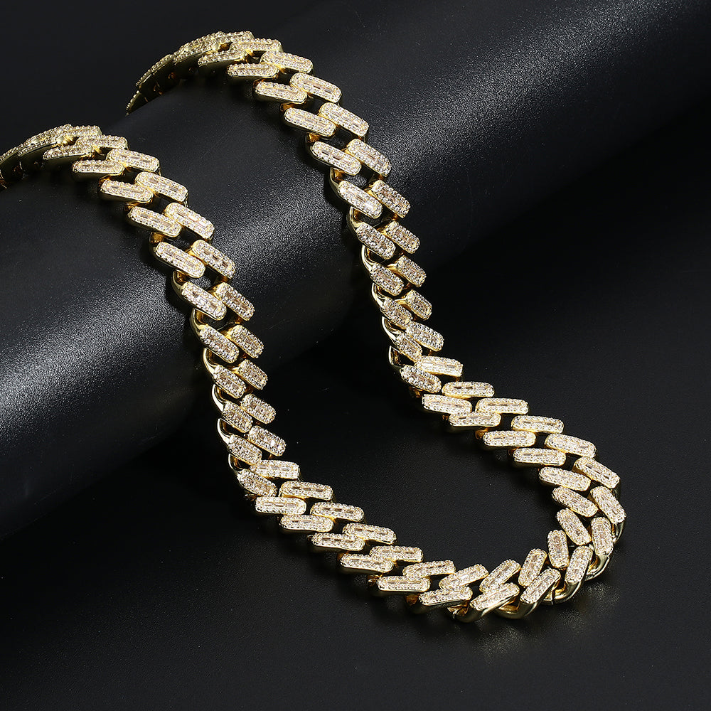14K Gold Iced Out Prong Cuban Link Chain Necklace Tripodjewelry