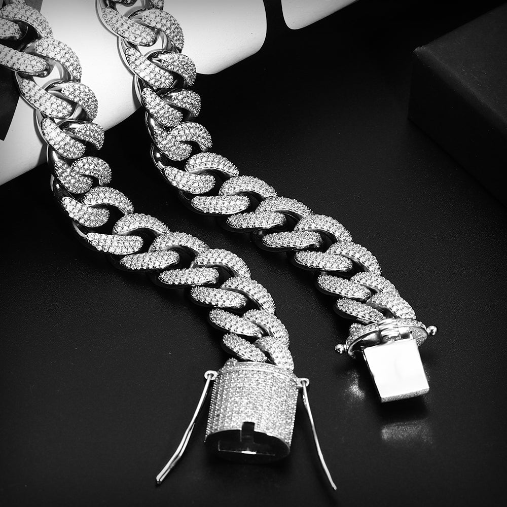 15MM White Gold Plated Chunky Iced out Cuban Link Chain Necklace TRIPOD JEWELRY
