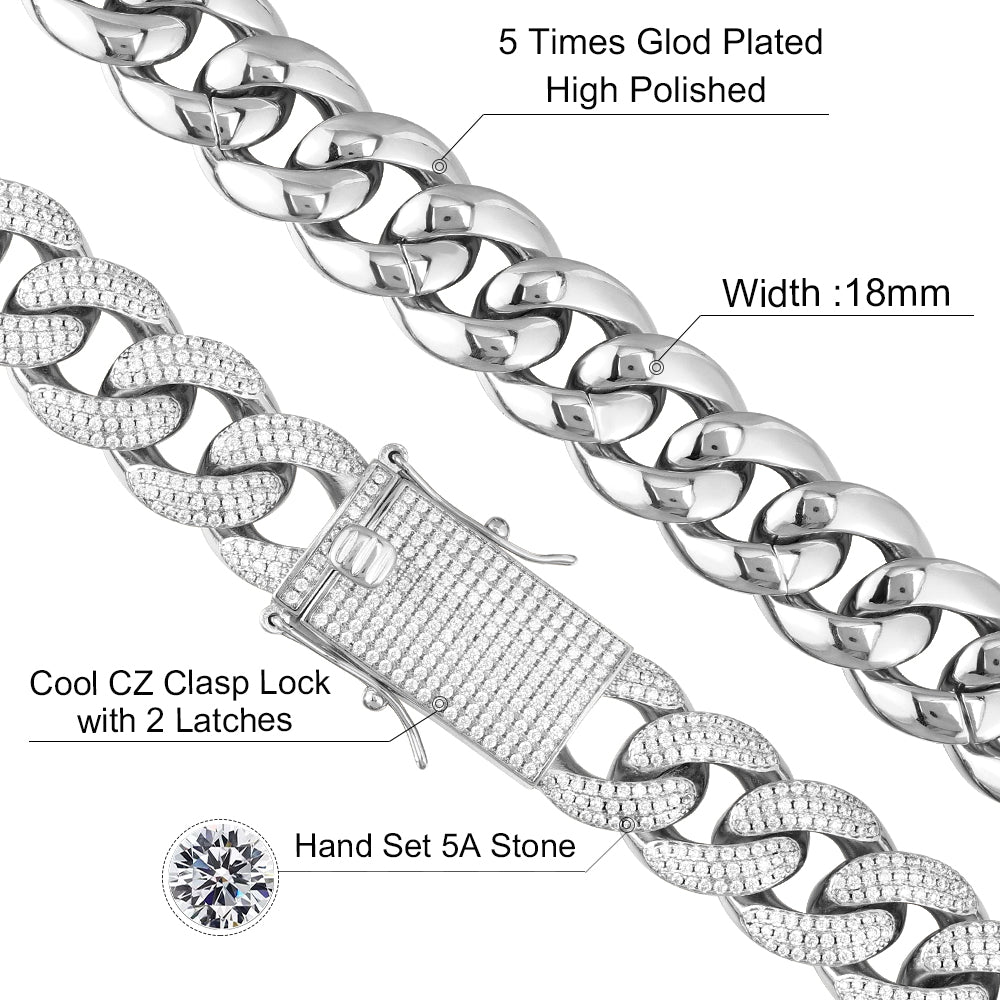 15MM White Gold Plated Chunky Iced out Cuban Link Chain Necklace