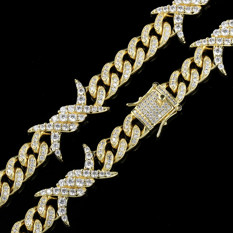 10MM Real 14K Gold Plated Barb Wire Cuban Link Chain Necklace Iced Out