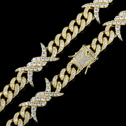 10MM Real 14K Gold Plated Barb Wire Cuban Link Chain Necklace Iced Out