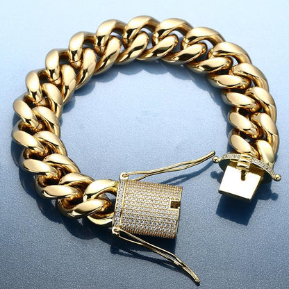 18K Gold Plated Solid Stainless Steel Iced Out Miami Cuban Link Bracelet For Men