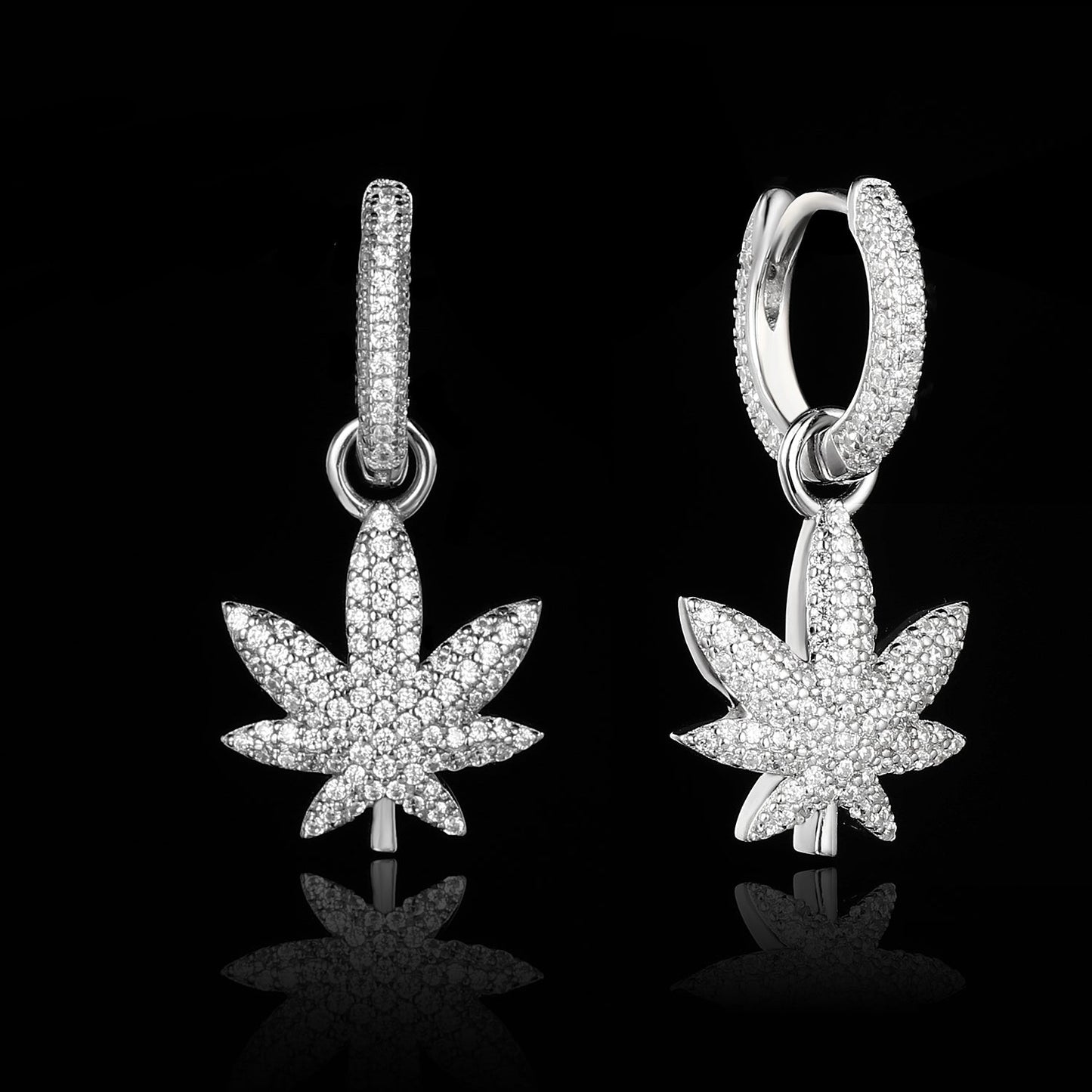 White Gold Iced Out Leaf Earrings Tripodjewelry