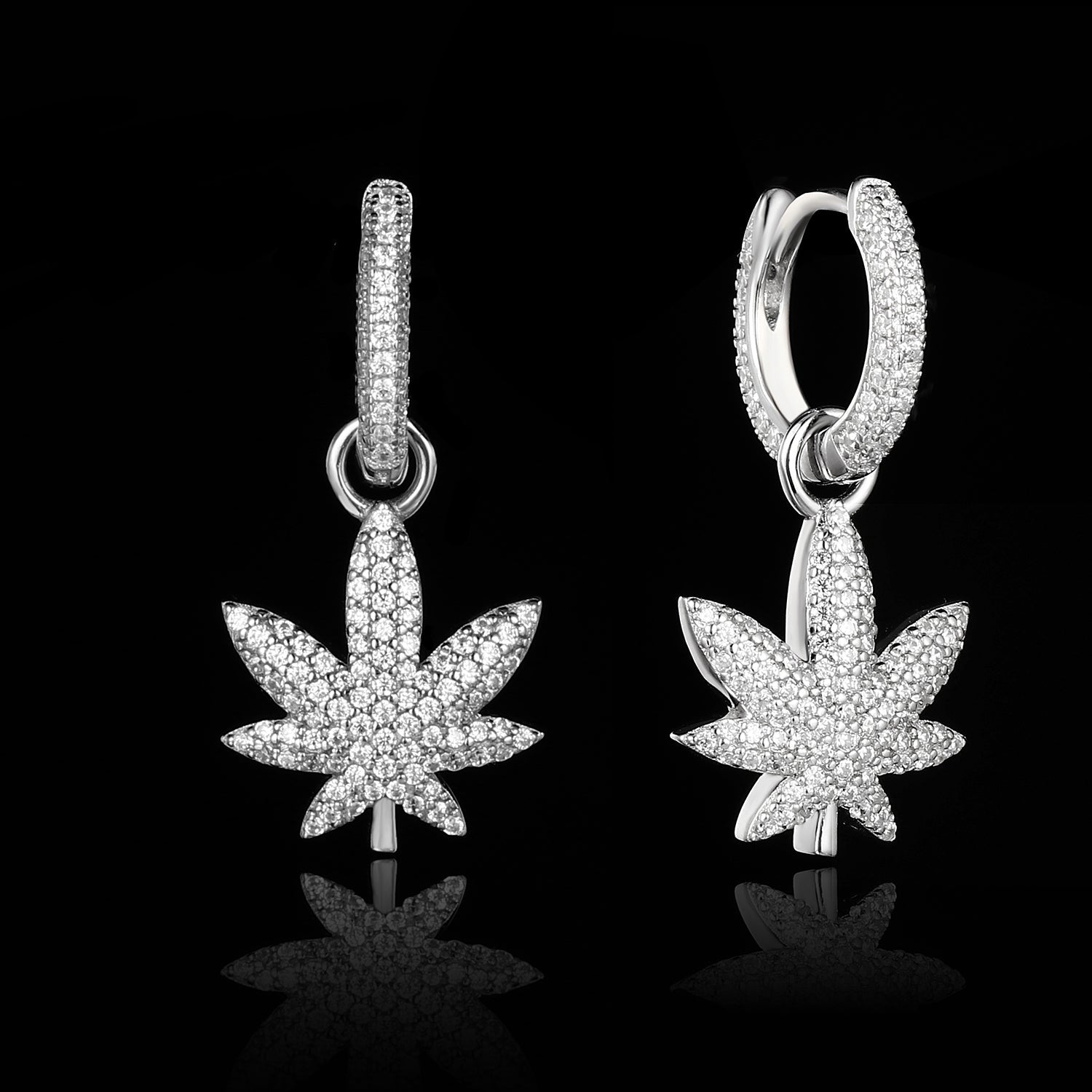 White Gold Iced Out Leaf Earrings Tripodjewelry