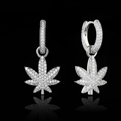 White Gold Iced Out Leaf Earrings Tripodjewelry
