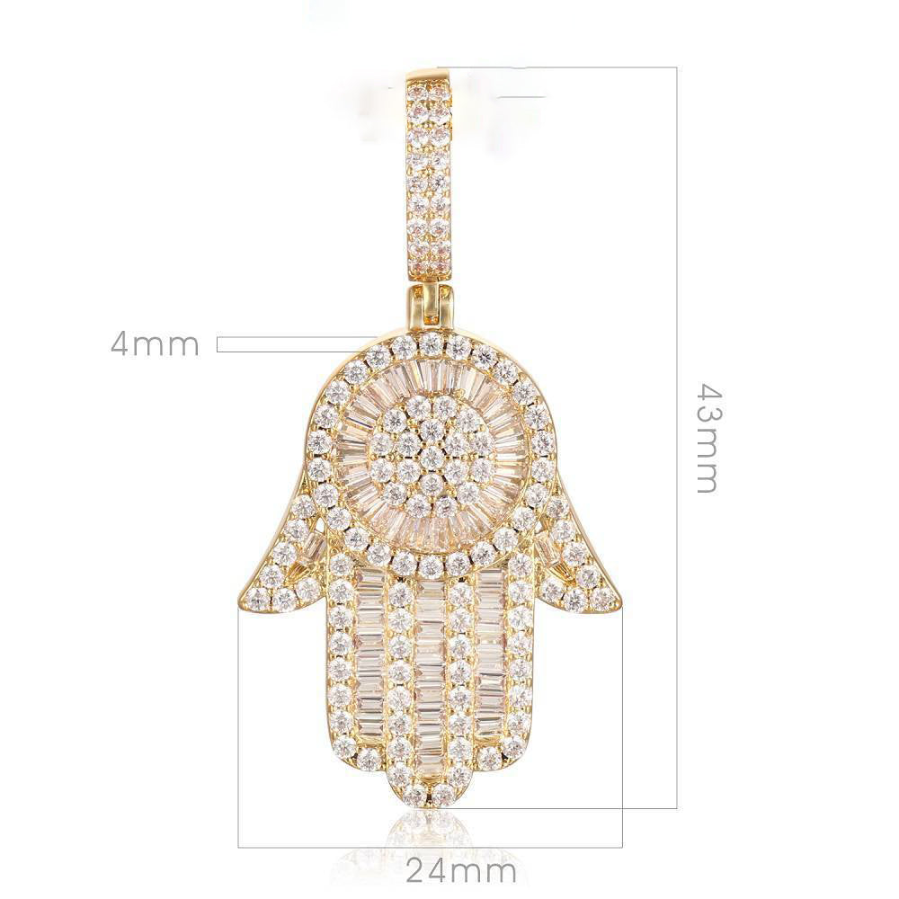 18K Gold Baguette Iced Out Hamsa Hand Pendant