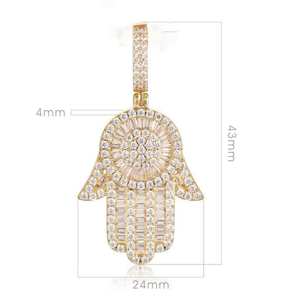 18K Gold Baguette Iced Out Hamsa Hand Pendant