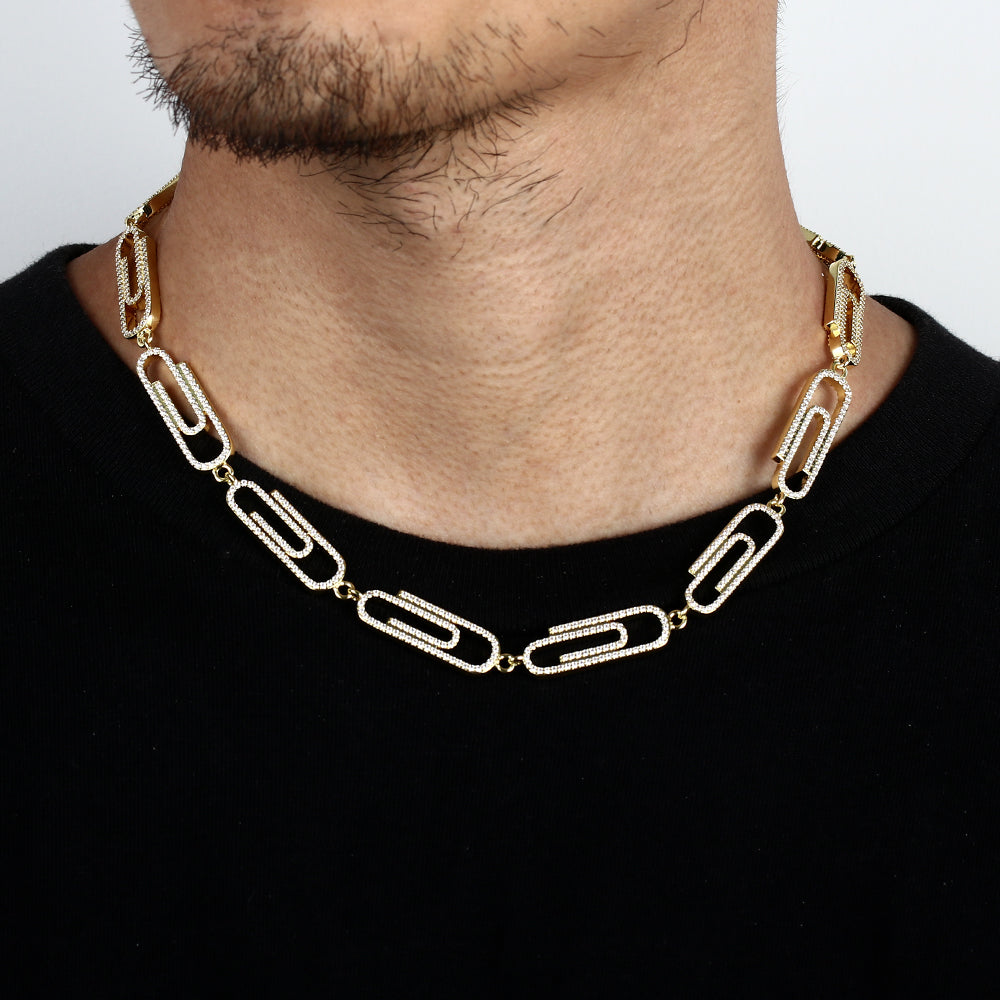 14K/White Gold Plated Iced Out Paper Clip Link Chain Tripodjewelry