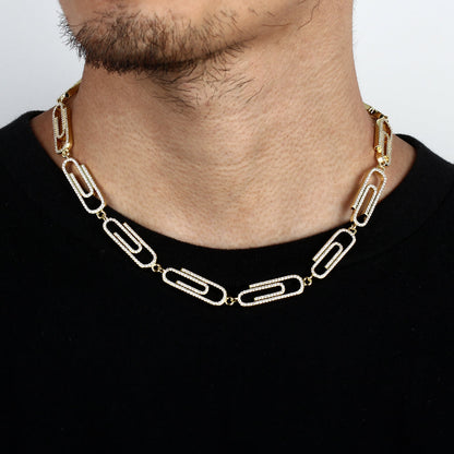14K/White Gold Plated Iced Out Paper Clip Link Chain Tripodjewelry