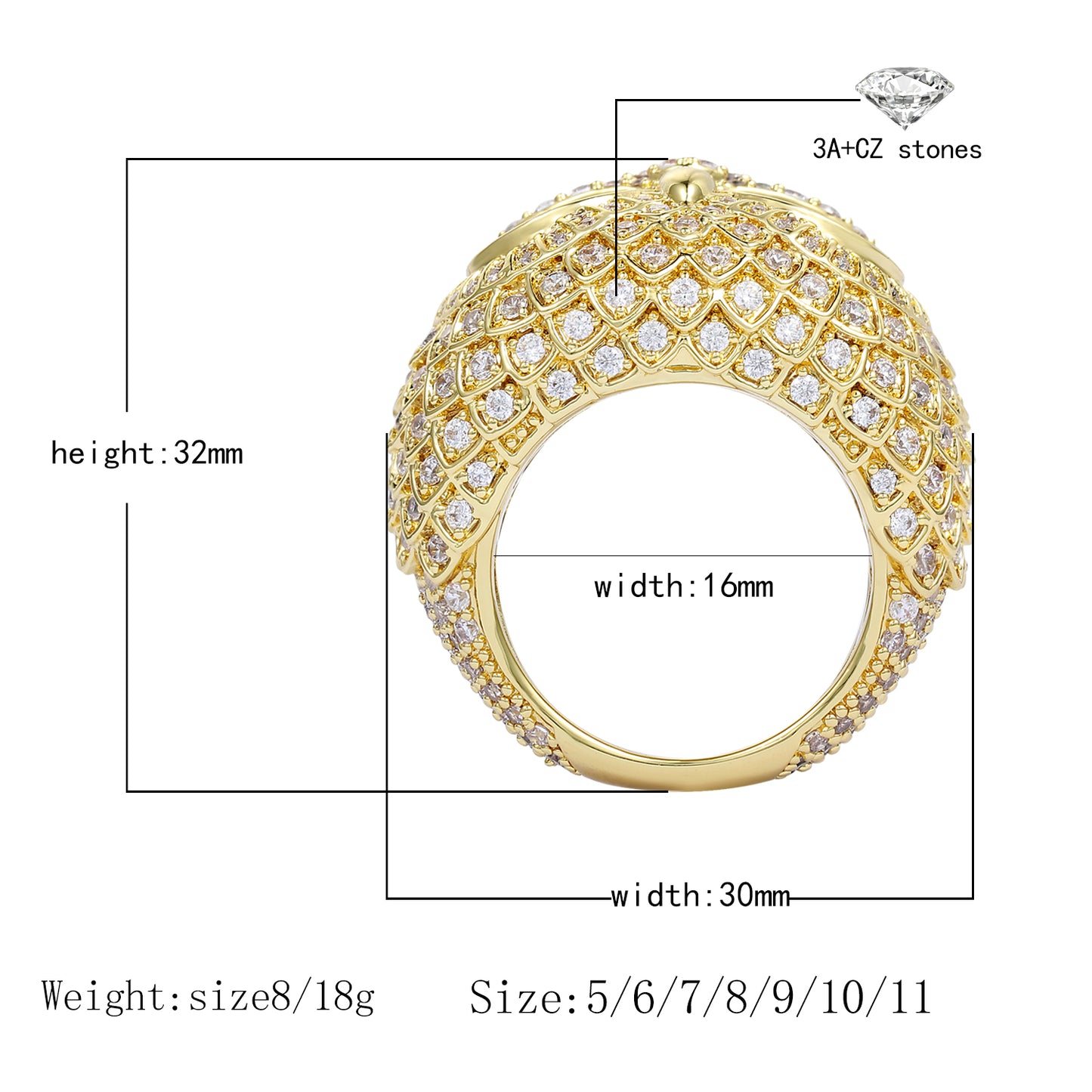 14K Gold Iced Out Owl Ring