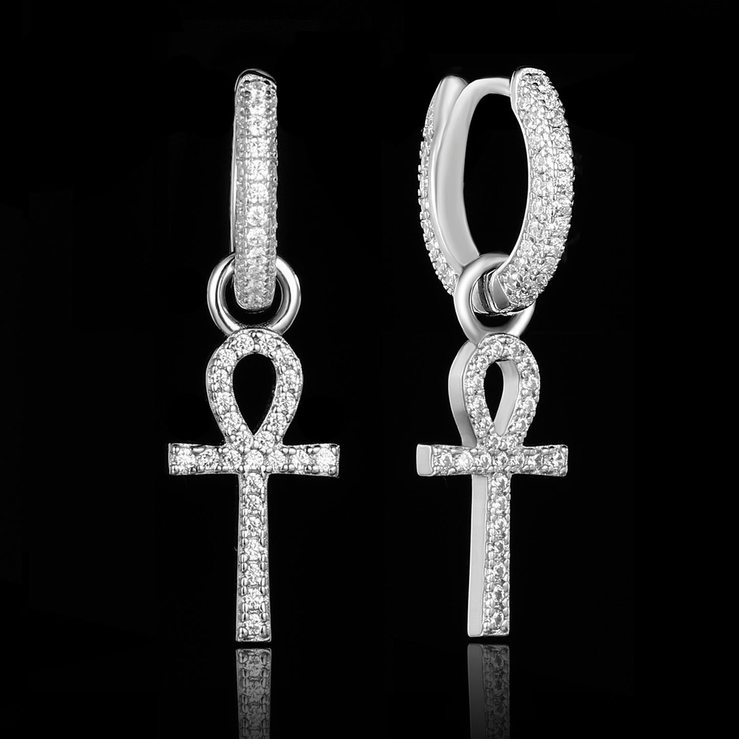 White Gold Iced Out Ankh Cross Earrings