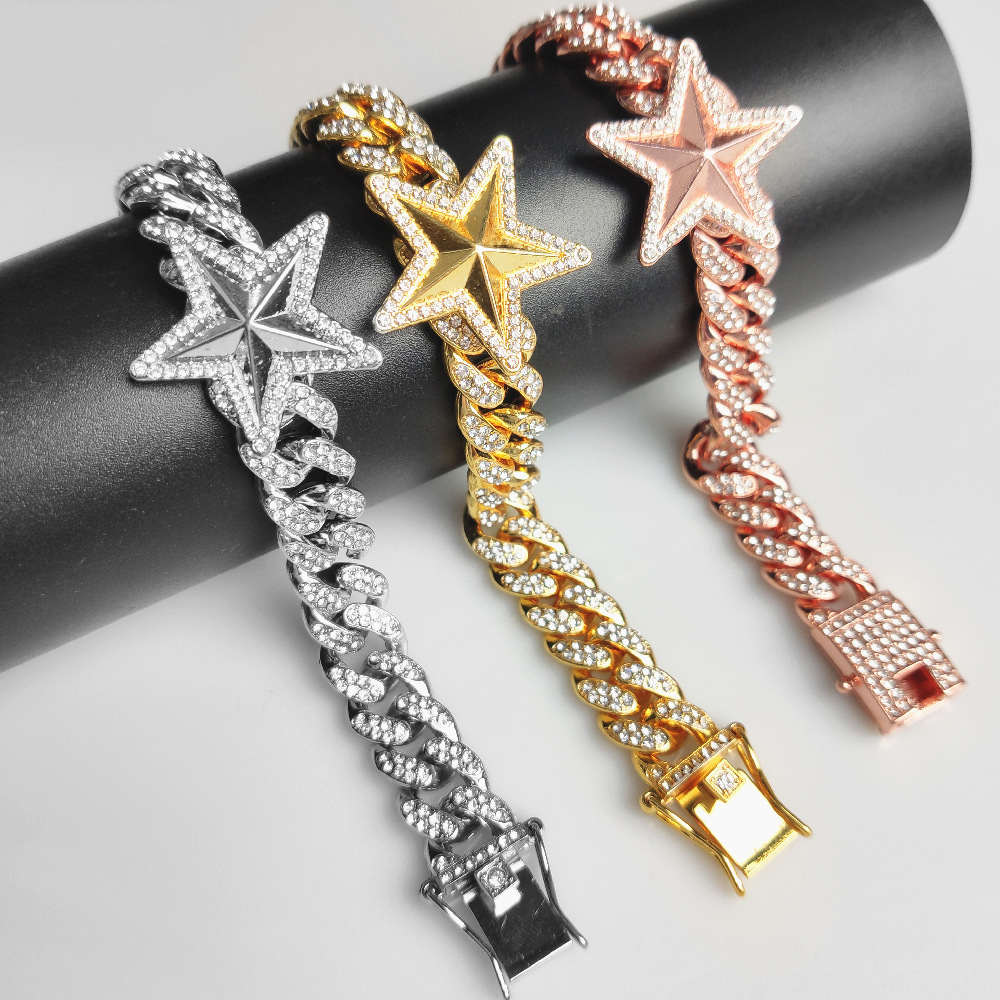12MM 18K/White/Rose Gold Plated Star Iced Out  Cuban Link Chain Necklace