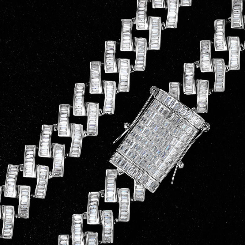 19MM White Gold Plated Iced Out Baguette Cuban Link Chain Necklace