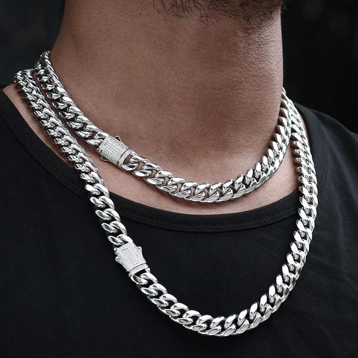 12MM White Gold Plated Iced Out Clasp Miami Cuban Link Chain Bracelet Set