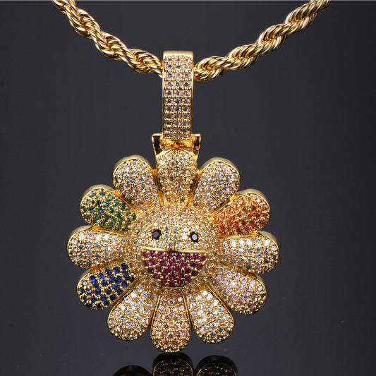 18K/White Gold Plated Iced Out Colorful Sunflower Pendant