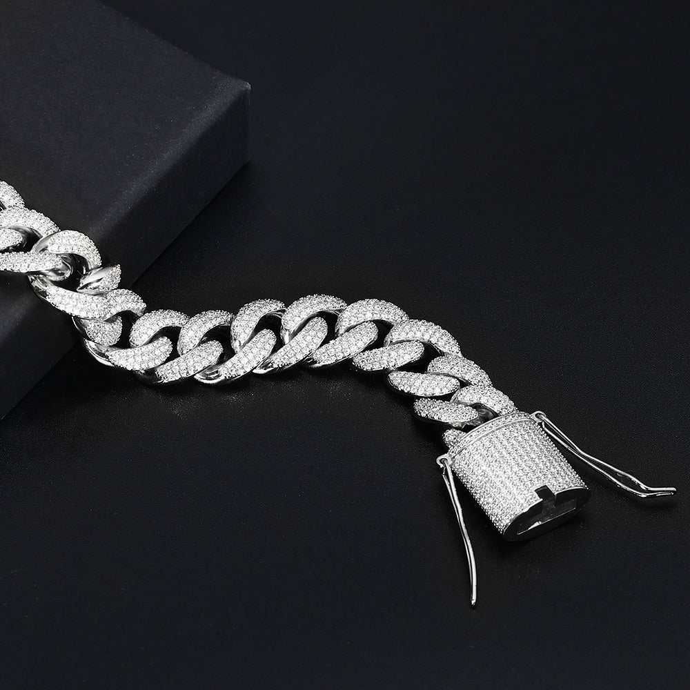 15MM White Gold Plated Chunky Iced out Cuban Link Chain Necklace TRIPOD JEWELRY