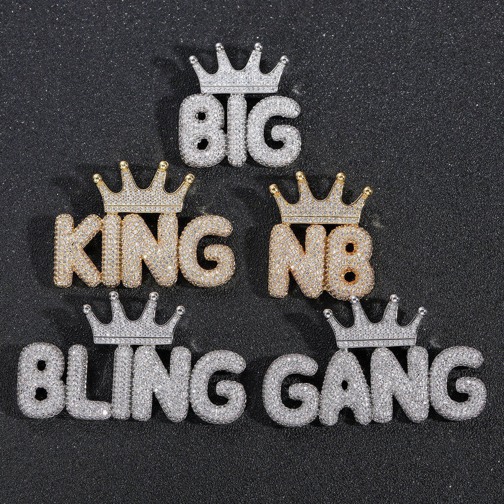 Crown Letter Custom Zircon Bubble Pendant Gold Plated Necklace For Men TRIPOD JEWELRY