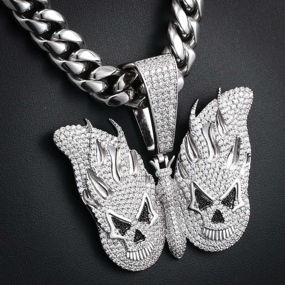 White Gold Iced Evil Butterfly Pendant Tripodjewelry