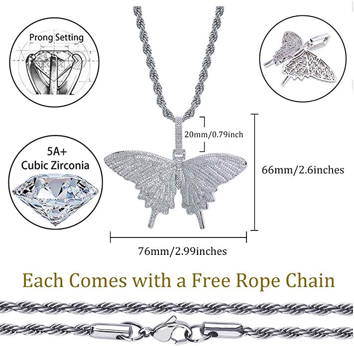 White Gold Iced Out Butterfly Pendant
