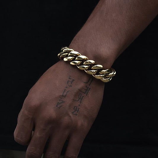 Stainless Steel 14K Gold Plated Miami Cuban Link Bracelet Iced Out Clasp