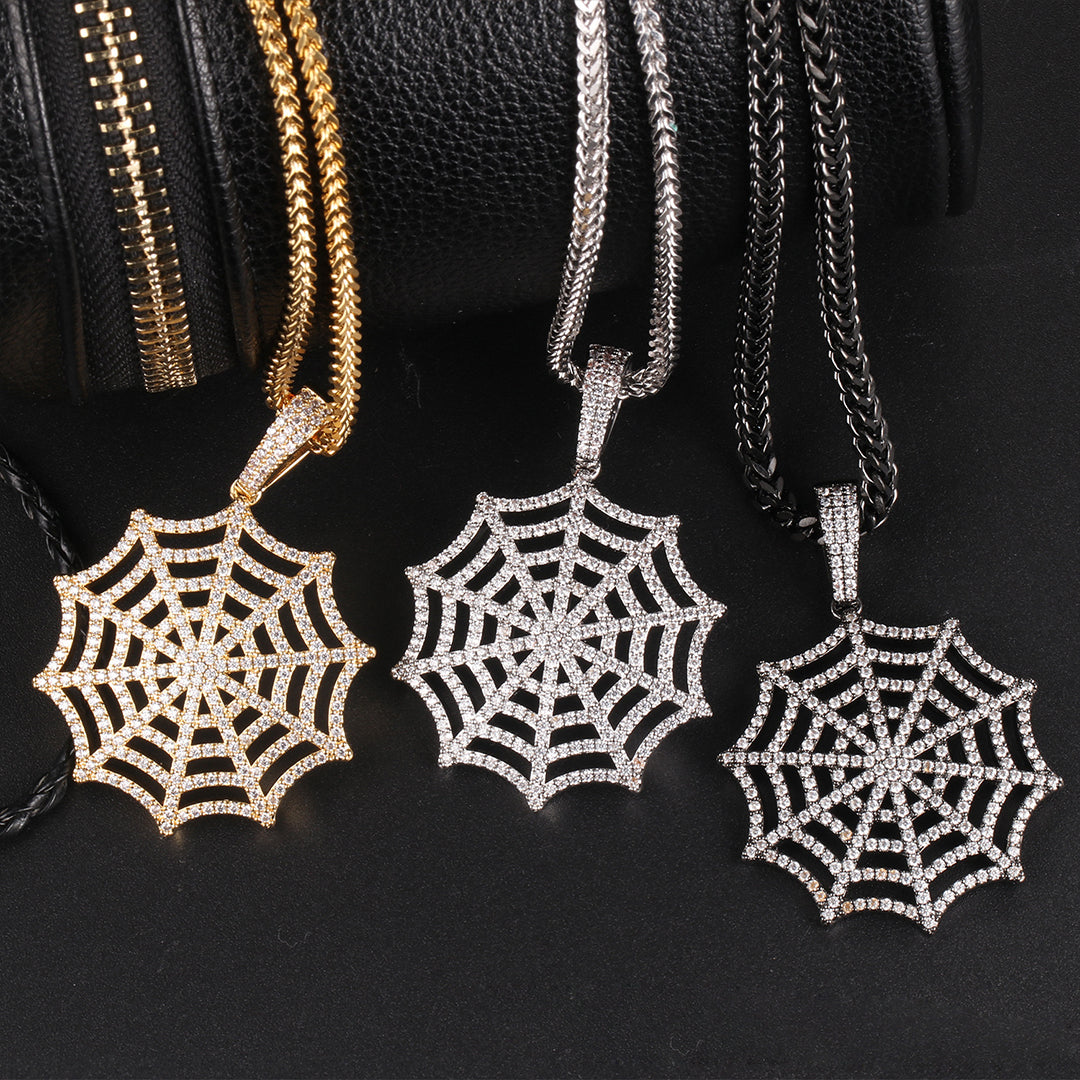 White Gold Plated Iced Out Spider Web Pendant Tripodjewelry
