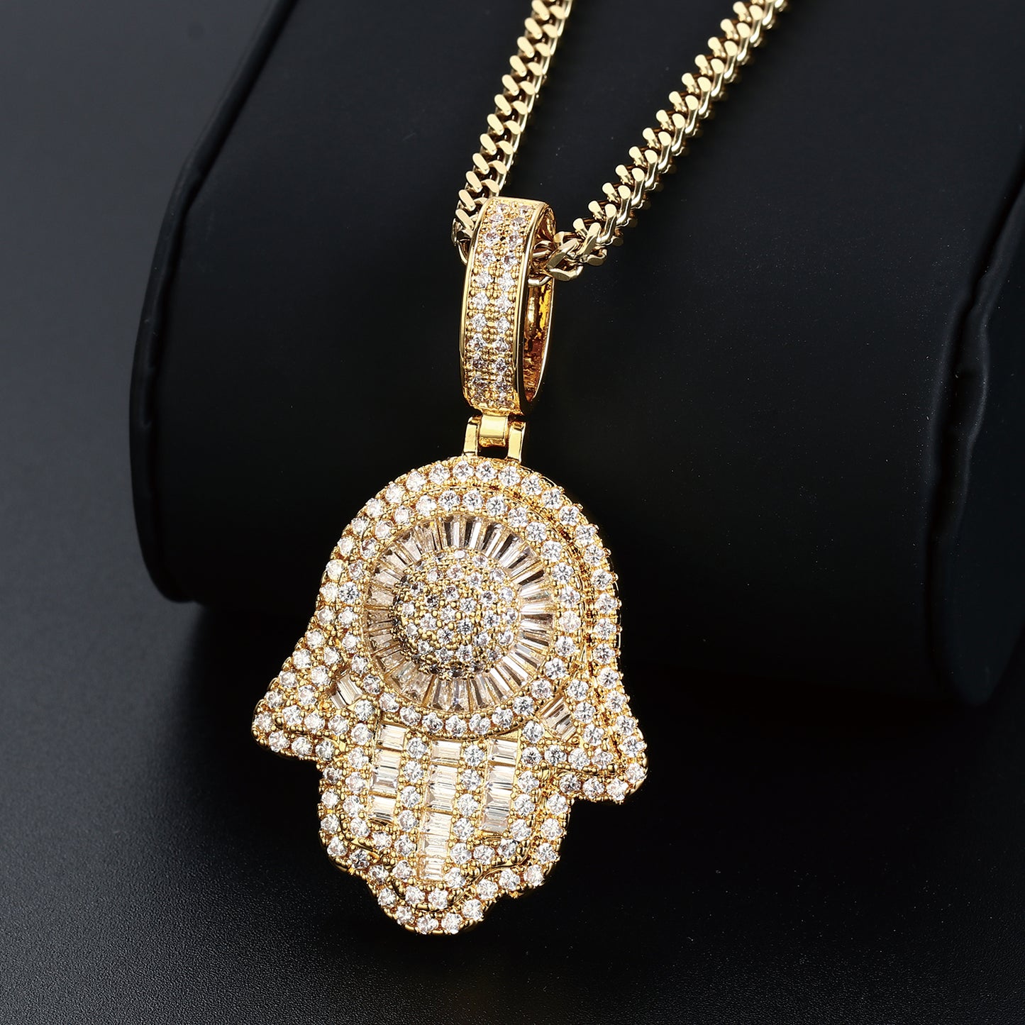 18K Gold Baguette Iced Out Hamsa Hand Pendant Hip Hop