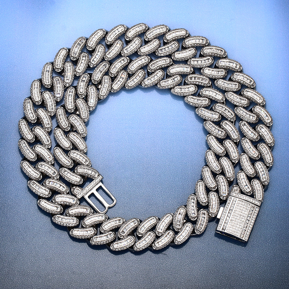 18MM White Gold Plated Iced Out Baguette Cuban Link Chain Necklace