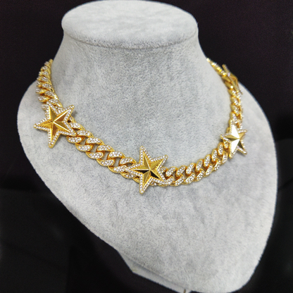 12MM 18K/White/Rose Gold Plated Star Iced Out  Cuban Link Chain Necklace