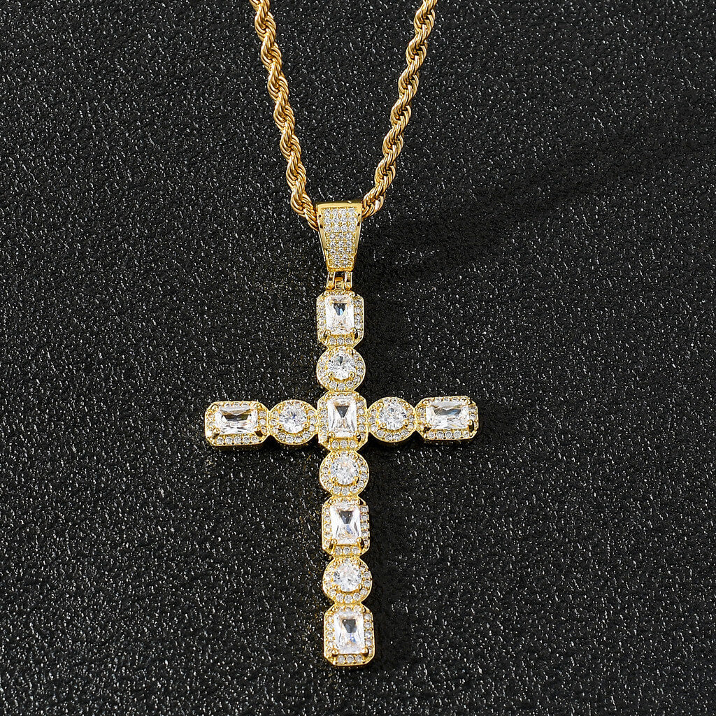 Real 18K Gold/White Gold Plated Zircon Cross Pendant Iced Out Jewelry