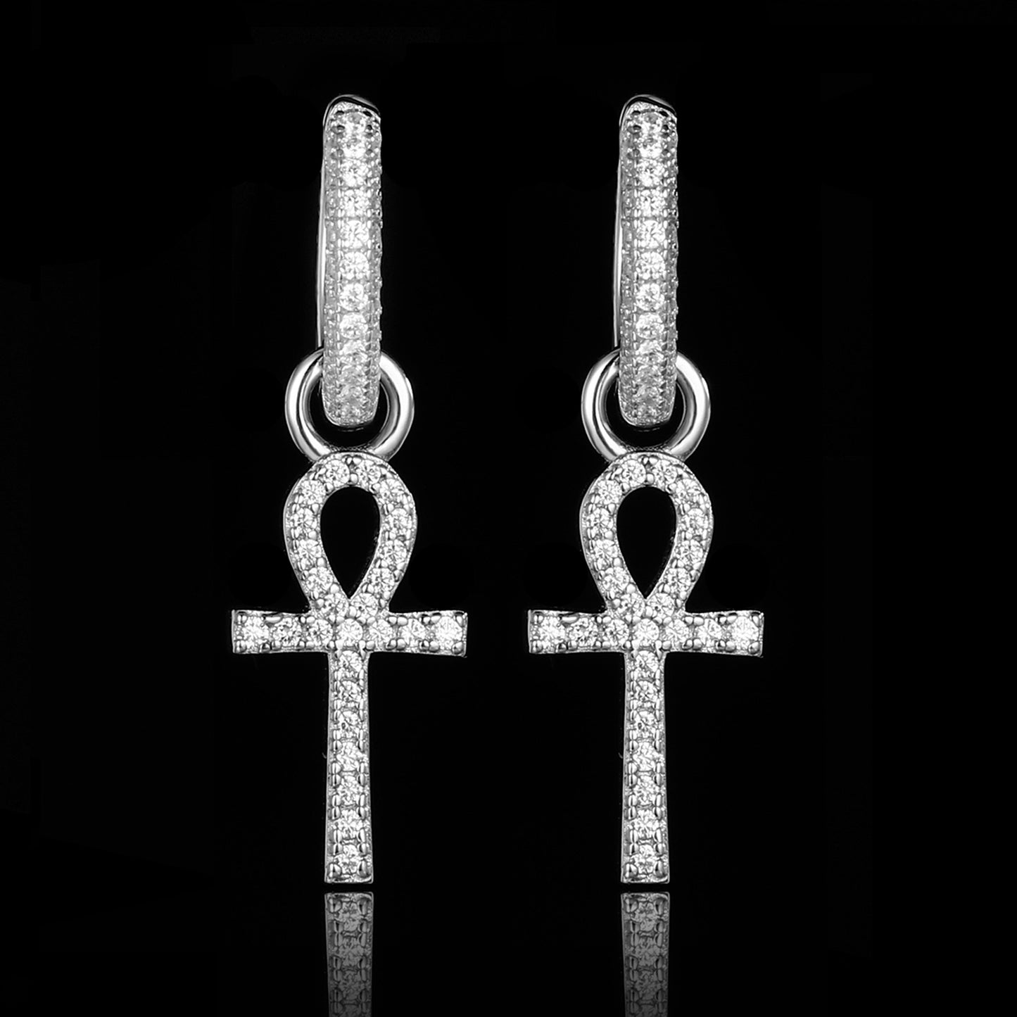 White Gold Iced Out Ankh Cross Earrings