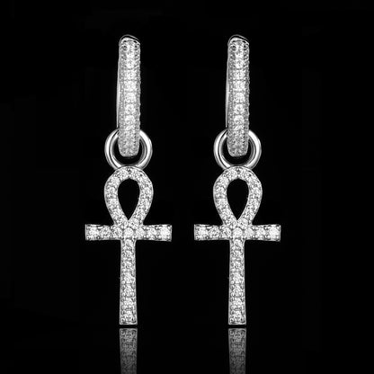 White Gold Iced Out Ankh Cross Earrings