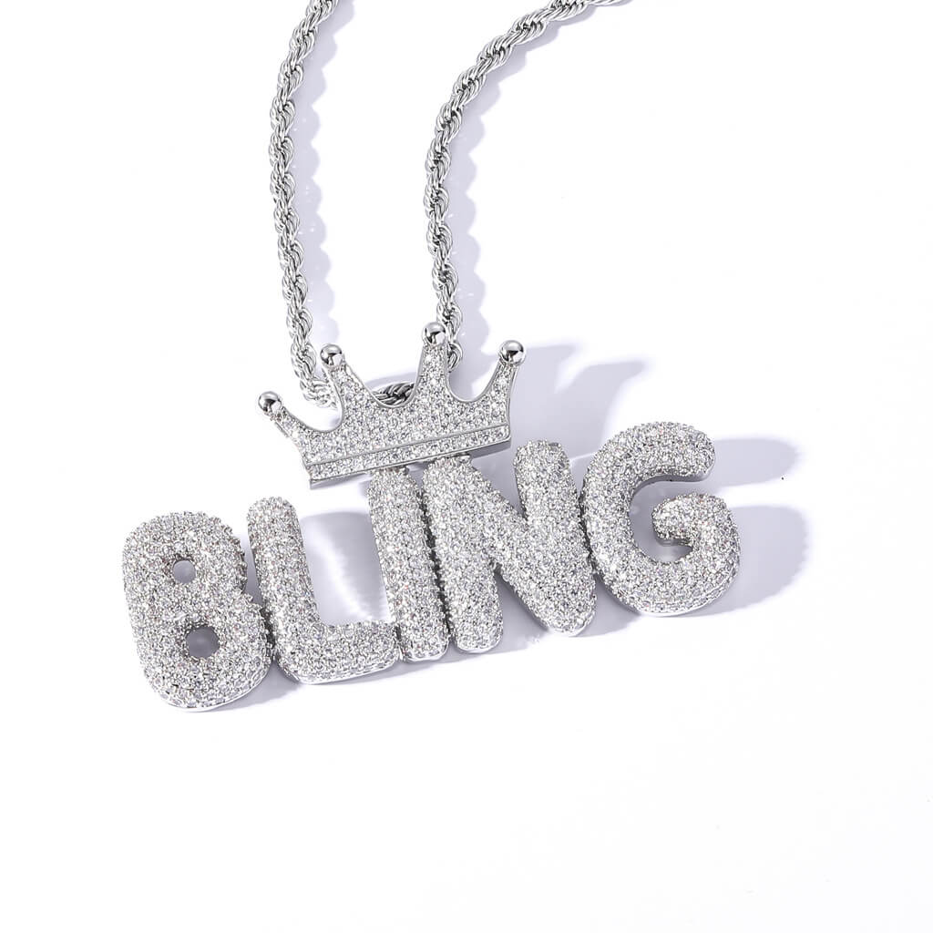 Crown Letter Custom Zircon Bubble Pendant Gold Plated Necklace For Men TRIPOD JEWELRY