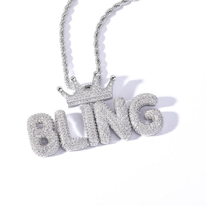 Crown Letter Custom Zircon Bubble Pendant Gold Plated Necklace For Men TRIPOD JEWELRY
