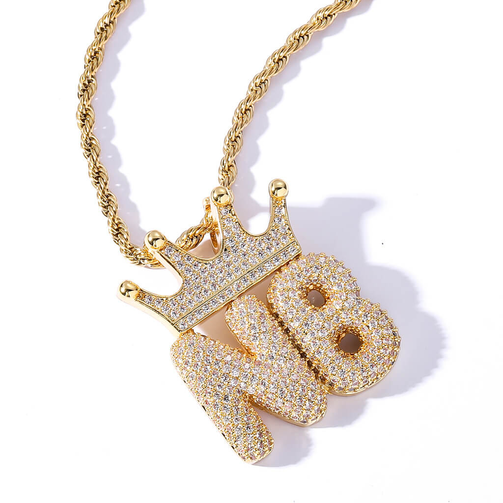 Crown Letter Custom Zircon Bubble Pendant Gold Plated Necklace For Men TRIPOD JEWELRY