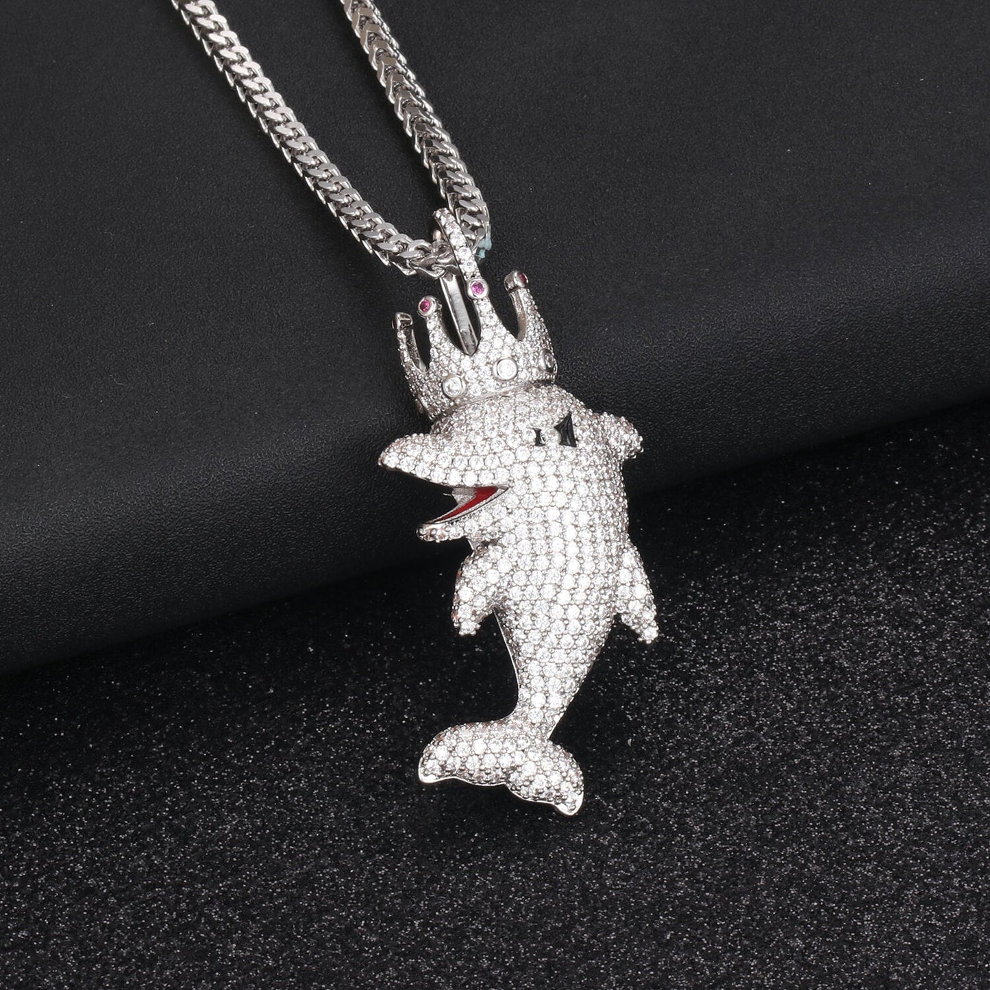 White Gold Iced Out King Dolphin Pendants For Men Necklace Tripodjewelry