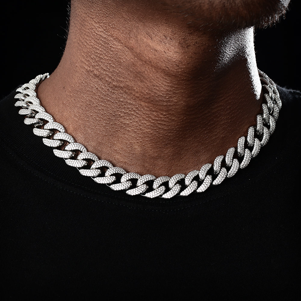 15MM White Gold Plated Chunky Iced out Cuban Link Chain Necklace TRIPOD JEWELRY