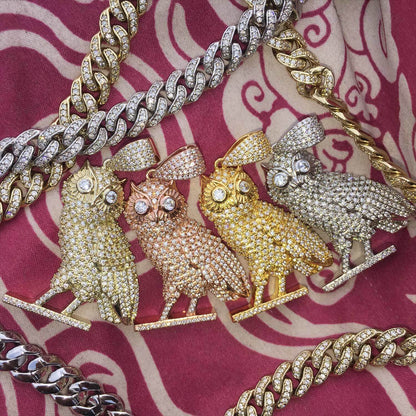 14k Gold Plated Iced Out CZ Owl Bird Pendant Hip Hop Jewelry Tripodjewelry
